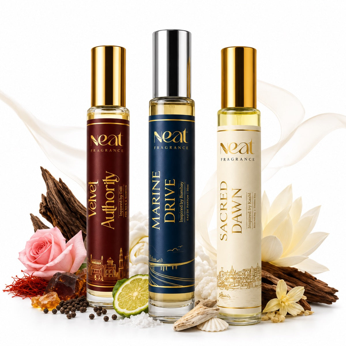 The three roll-ons surrounded by rose, lime, sandalwood and vanilla