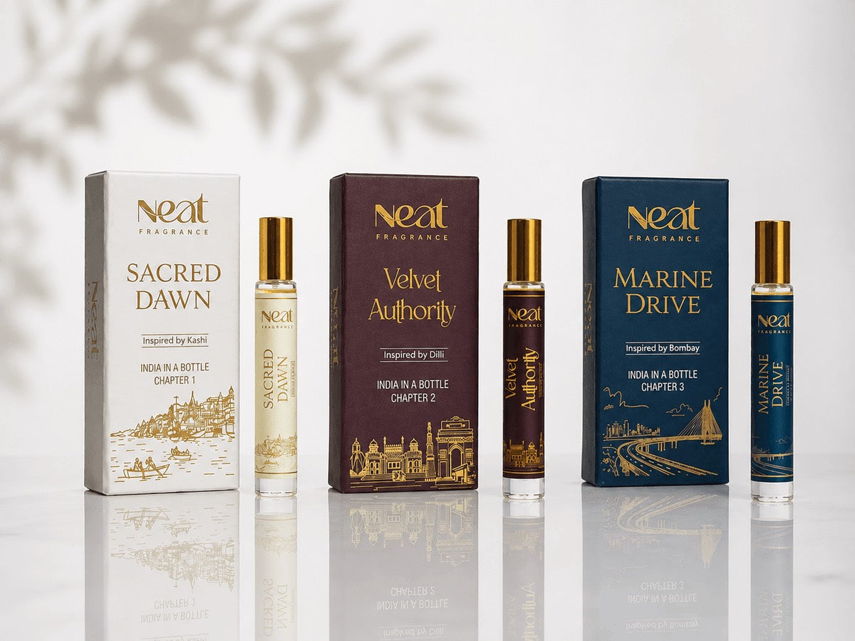 The three India in a Bottle roll-ons with their illustrated boxes